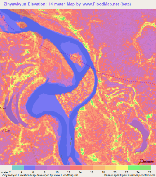 Zinyawkyun,Myanmar Elevation Map