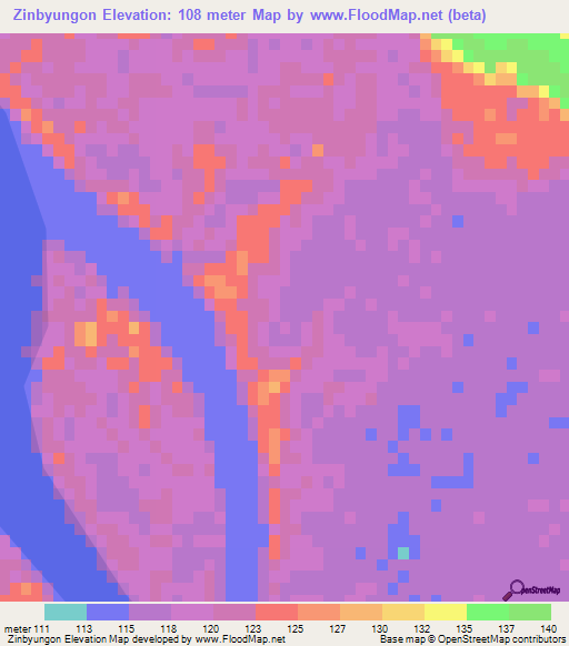 Zinbyungon,Myanmar Elevation Map