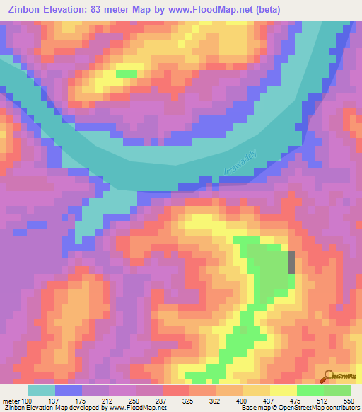 Zinbon,Myanmar Elevation Map