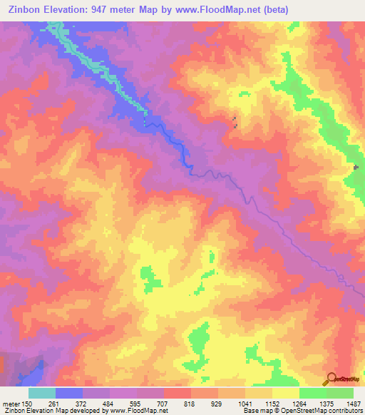 Zinbon,Myanmar Elevation Map