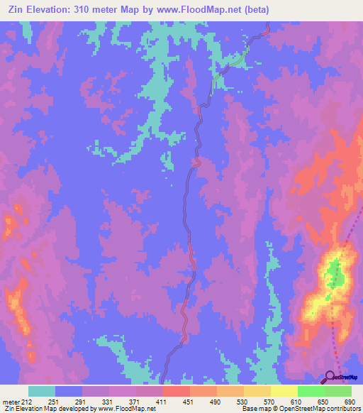 Zin,Myanmar Elevation Map