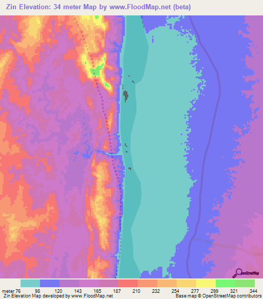 Zin,Myanmar Elevation Map