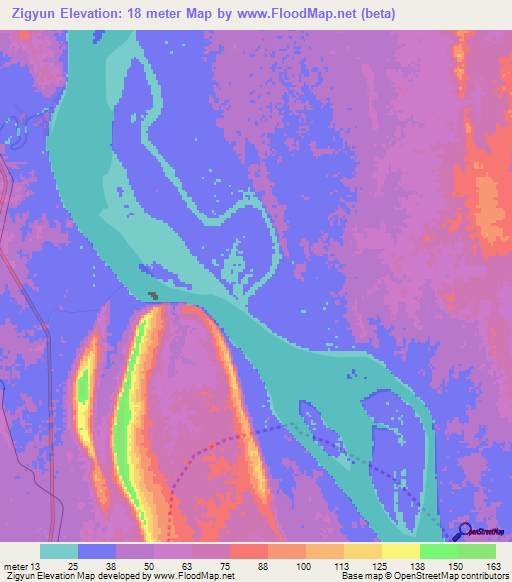 Zigyun,Myanmar Elevation Map