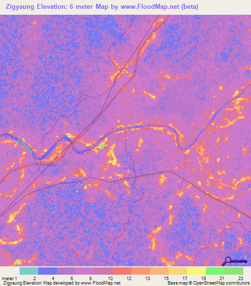 Zigyaung,Myanmar Elevation Map