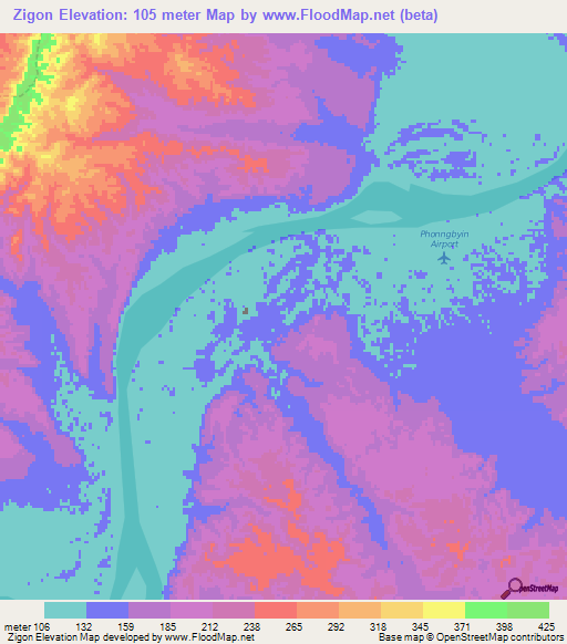Zigon,Myanmar Elevation Map