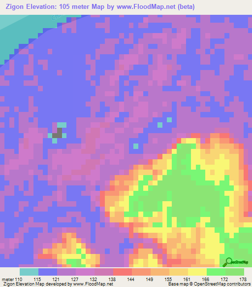 Zigon,Myanmar Elevation Map