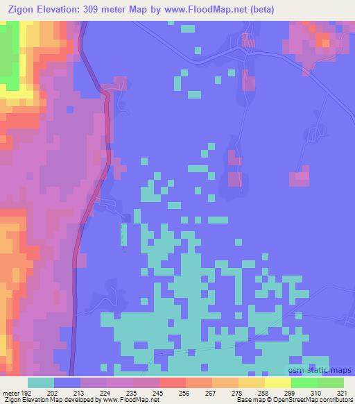 Zigon,Myanmar Elevation Map