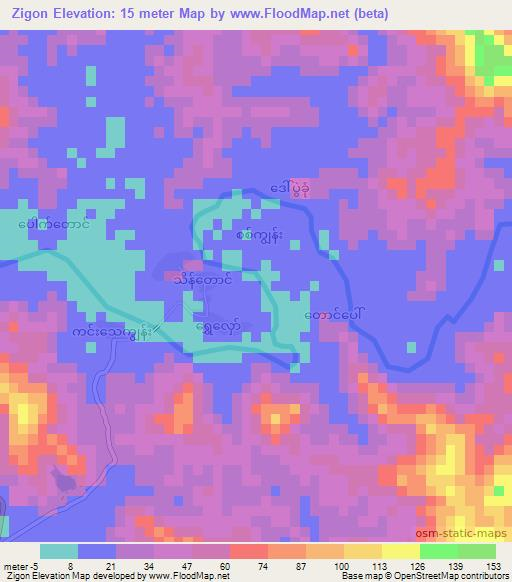 Zigon,Myanmar Elevation Map
