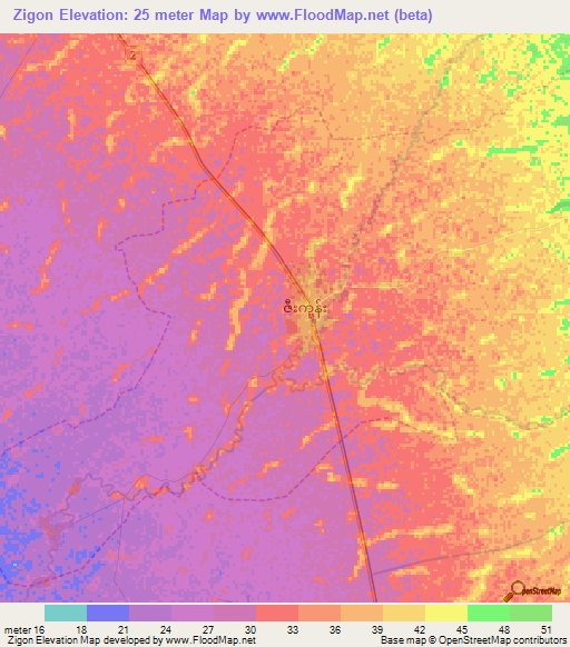 Zigon,Myanmar Elevation Map