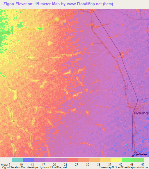 Zigon,Myanmar Elevation Map