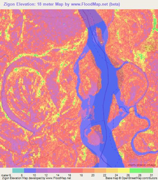 Zigon,Myanmar Elevation Map