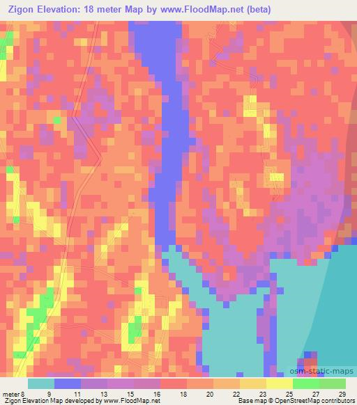 Zigon,Myanmar Elevation Map