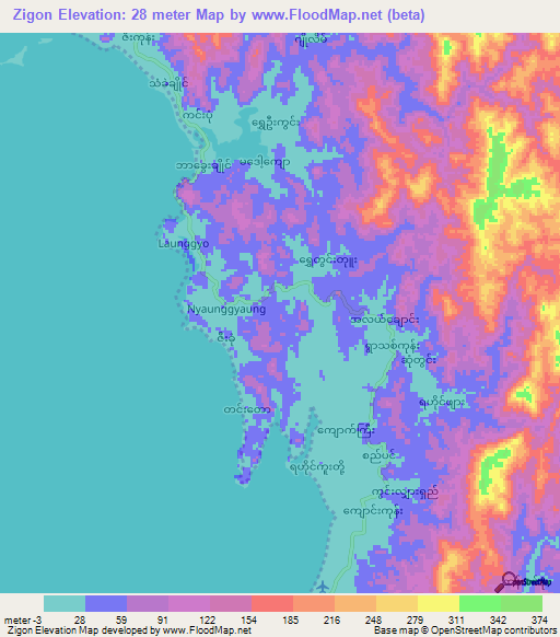 Zigon,Myanmar Elevation Map