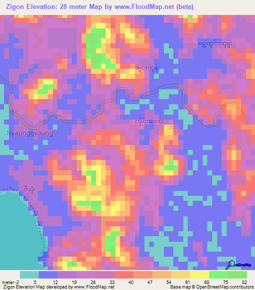 Zigon,Myanmar Elevation Map