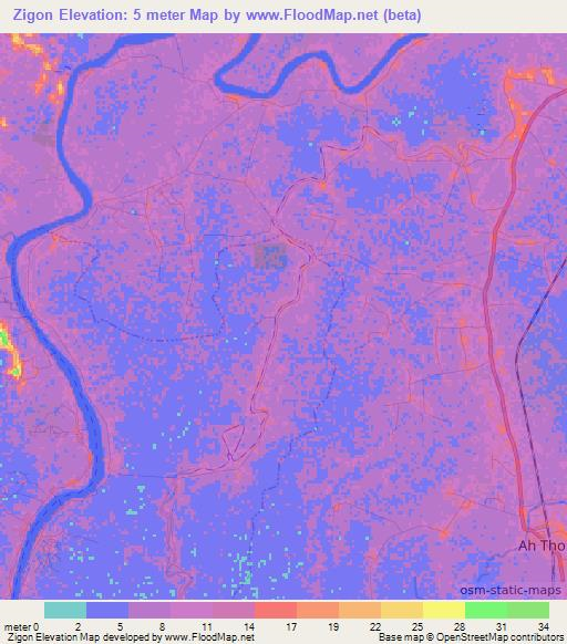 Zigon,Myanmar Elevation Map