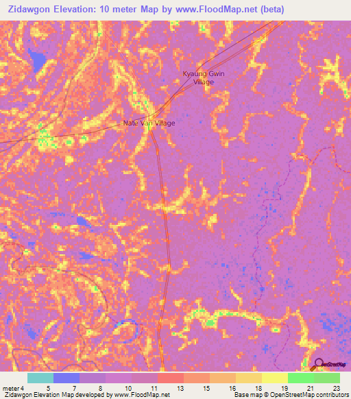 Zidawgon,Myanmar Elevation Map