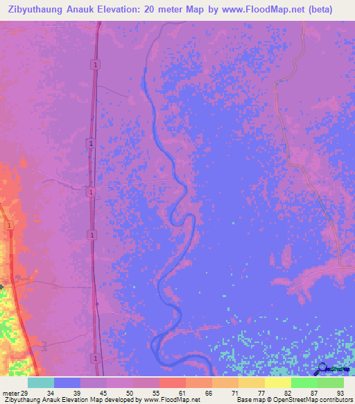 Zibyuthaung Anauk,Myanmar Elevation Map