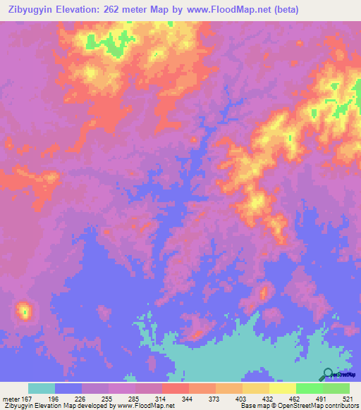 Zibyugyin,Myanmar Elevation Map