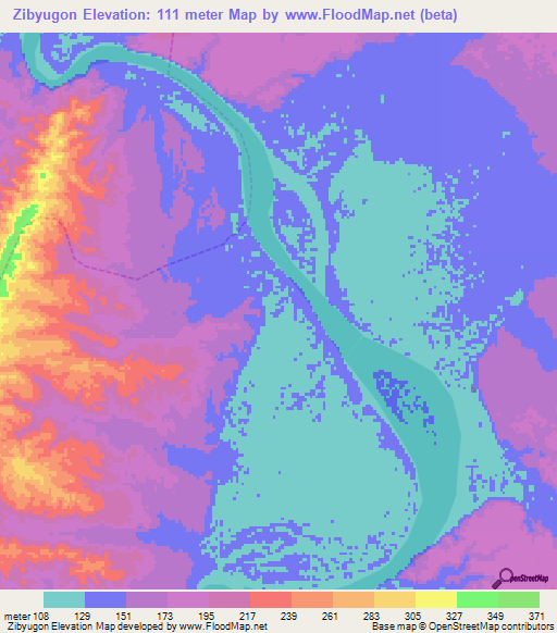 Zibyugon,Myanmar Elevation Map