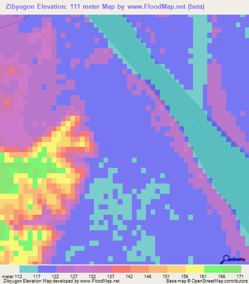 Zibyugon,Myanmar Elevation Map