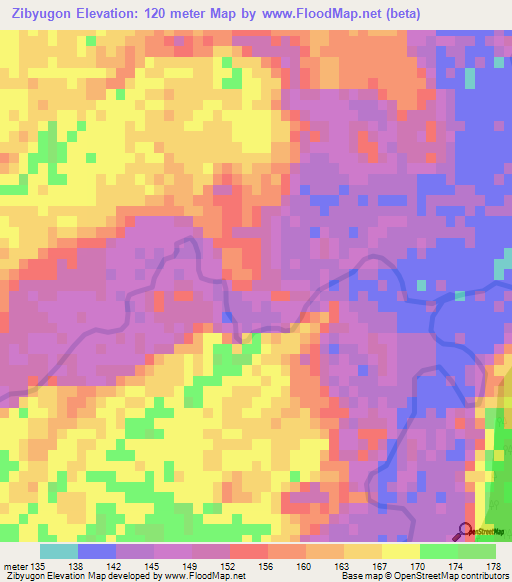 Zibyugon,Myanmar Elevation Map