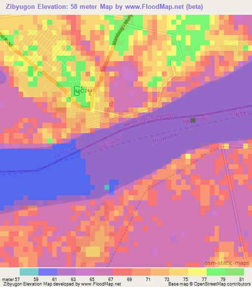 Zibyugon,Myanmar Elevation Map