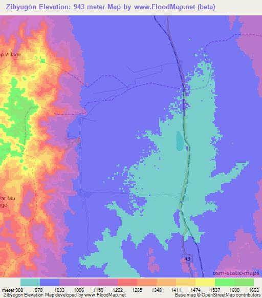 Zibyugon,Myanmar Elevation Map