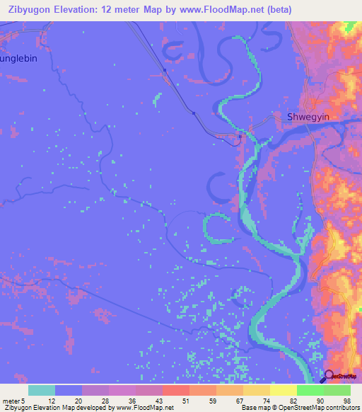 Zibyugon,Myanmar Elevation Map