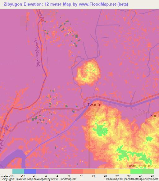 Zibyugon,Myanmar Elevation Map
