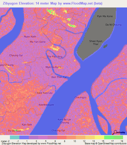 Zibyugon,Myanmar Elevation Map