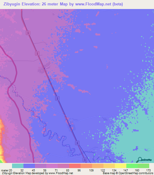 Zibyugin,Myanmar Elevation Map