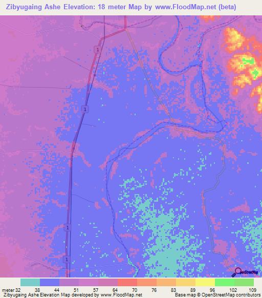 Zibyugaing Ashe,Myanmar Elevation Map