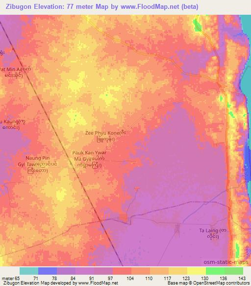 Zibugon,Myanmar Elevation Map