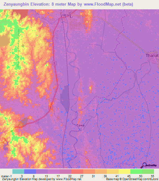 Zenyaungbin,Myanmar Elevation Map