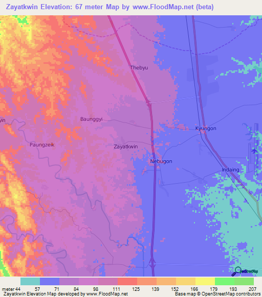 Zayatkwin,Myanmar Elevation Map