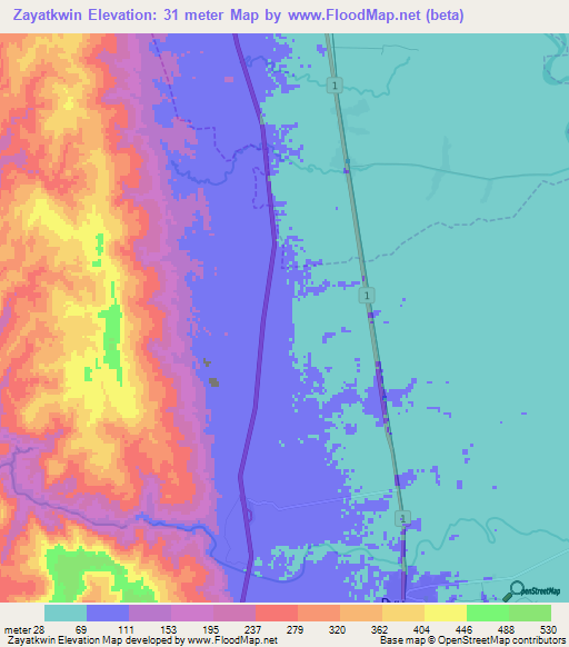 Zayatkwin,Myanmar Elevation Map