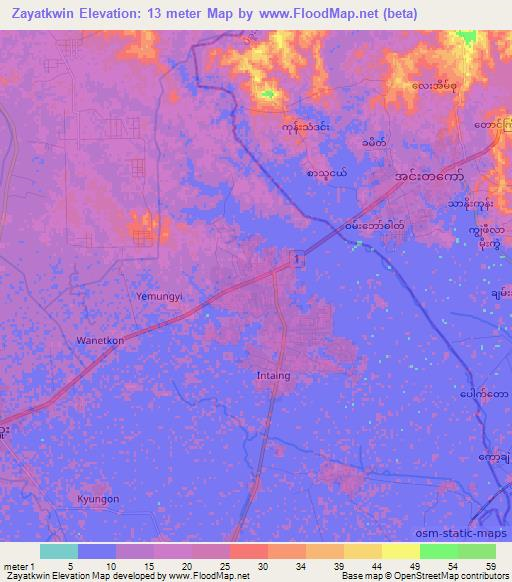 Zayatkwin,Myanmar Elevation Map
