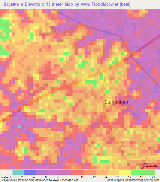 Zayatkwin,Myanmar Elevation Map