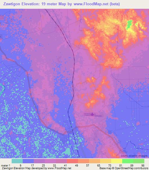 Zawtigon,Myanmar Elevation Map