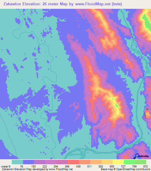 Zakawlon,Myanmar Elevation Map