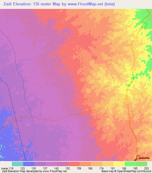 Zadi,Myanmar Elevation Map