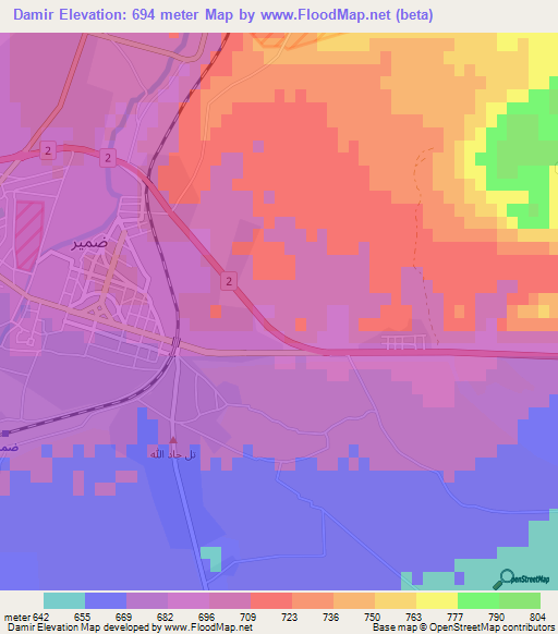 Damir,Syria Elevation Map