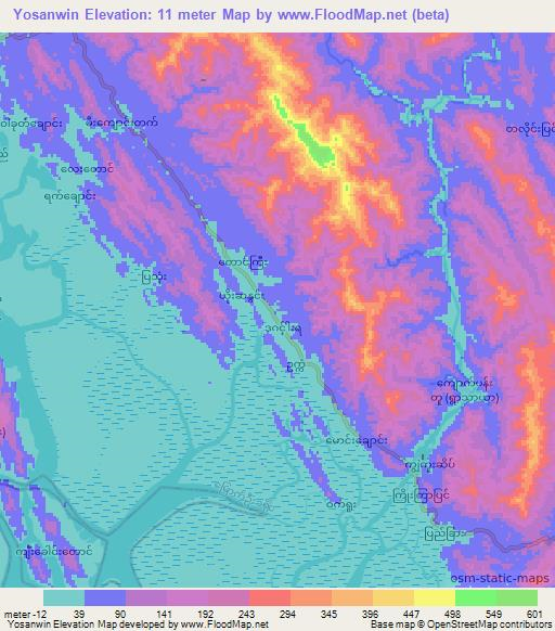 Yosanwin,Myanmar Elevation Map