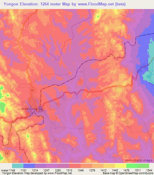 Yongon,Myanmar Elevation Map