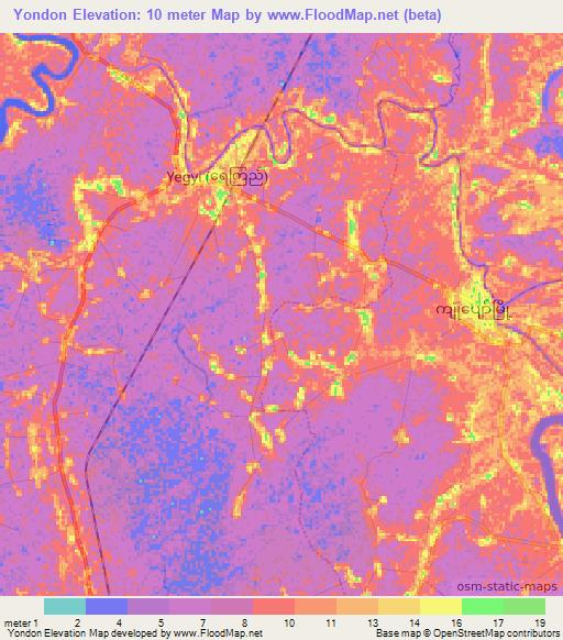 Yondon,Myanmar Elevation Map