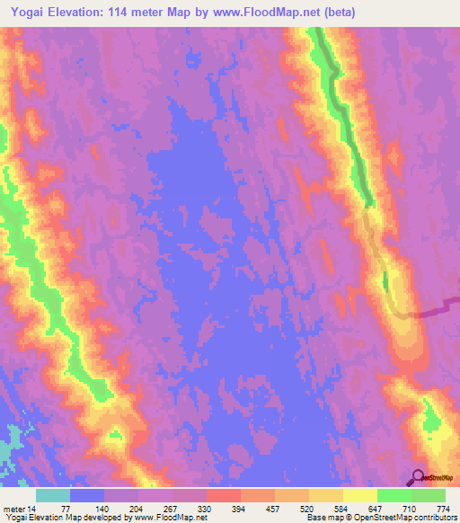 Yogai,Myanmar Elevation Map