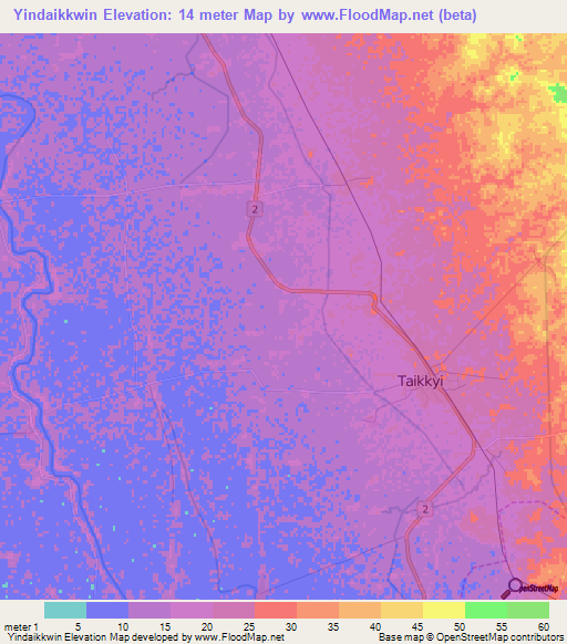 Yindaikkwin,Myanmar Elevation Map