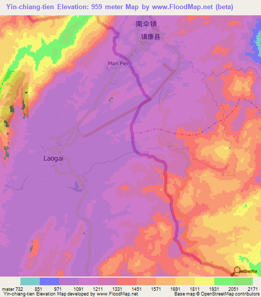 Yin-chiang-tien,Myanmar Elevation Map