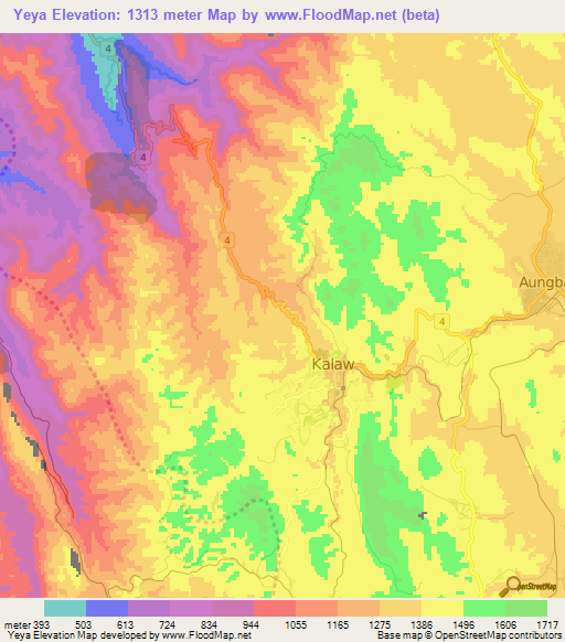 Yeya,Myanmar Elevation Map