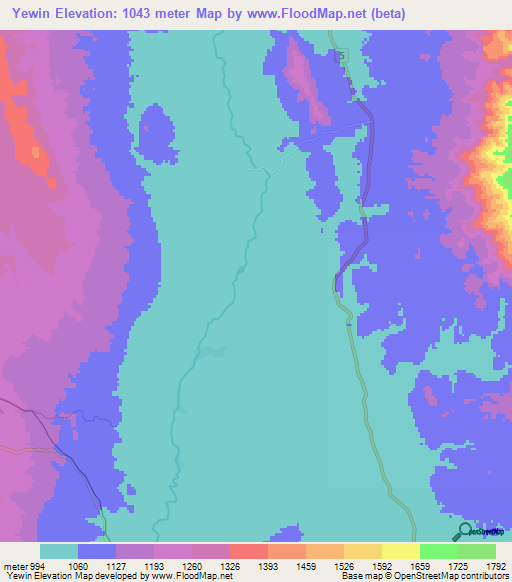 Yewin,Myanmar Elevation Map